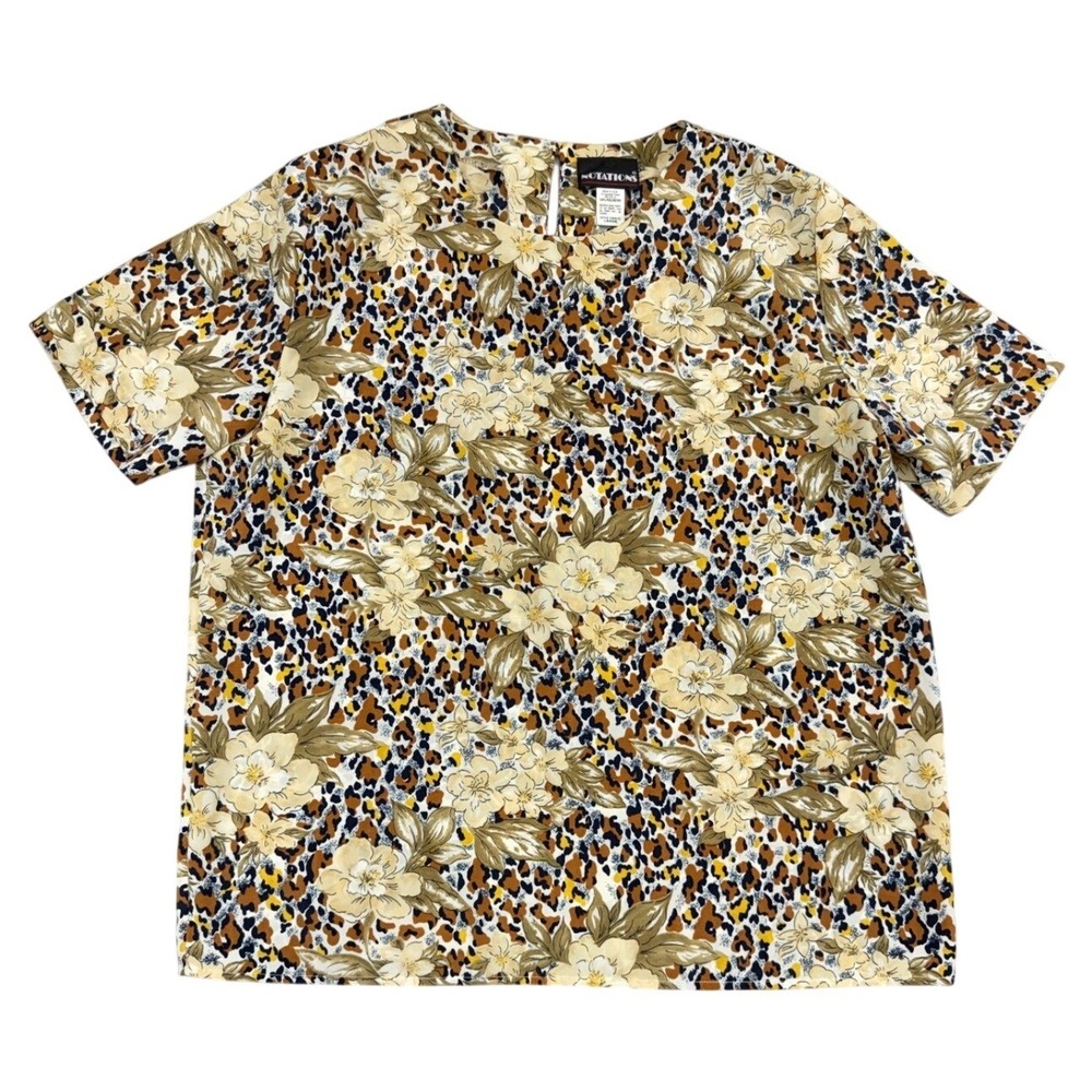 Notations Womens Floral Leopard Print Short Sleeve Blouse Tan Brown Large